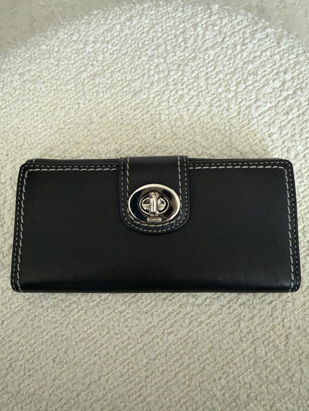 Coach Black Leather Turnlock Continental Wallet with White Stitching